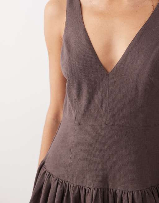 ASOS DESIGN deep v-neck dropped waist midaxi sundress in brown , 3 of 4
