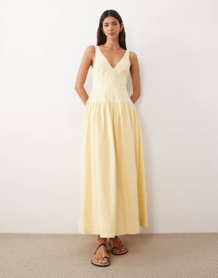ASOS DESIGN deep v neck dropped waist midi dress in lemon