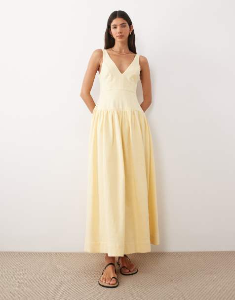 ASOS DESIGN deep v neck dropped waist midi dress in lemon - view 1