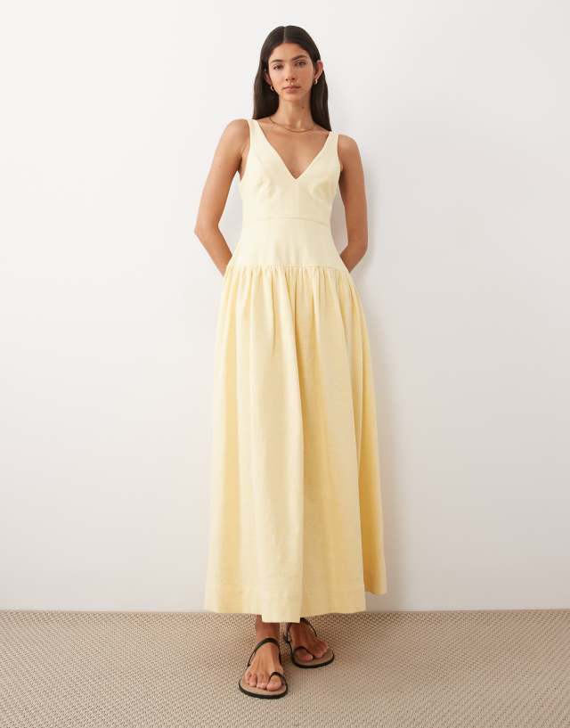 ASOS DESIGN deep v neck dropped waist midi dress in lemon | ASOS