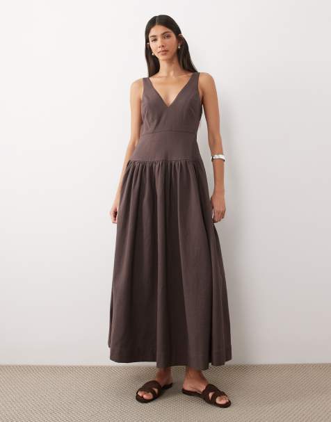ASOS DESIGN deep v neck dropped waist midi sundress in brown  - view 1