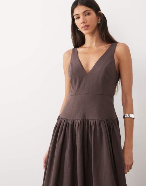 ASOS DESIGN deep v neck dropped waist midi sundress in brown , 2 of 4