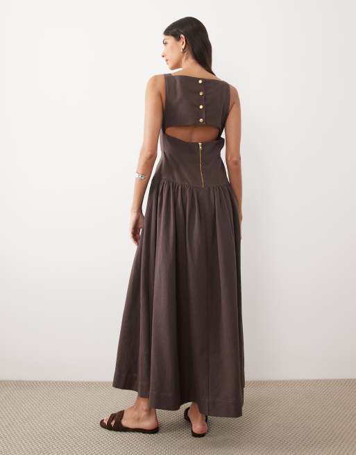 ASOS DESIGN deep v neck dropped waist midi sundress in brown , 4 of 4