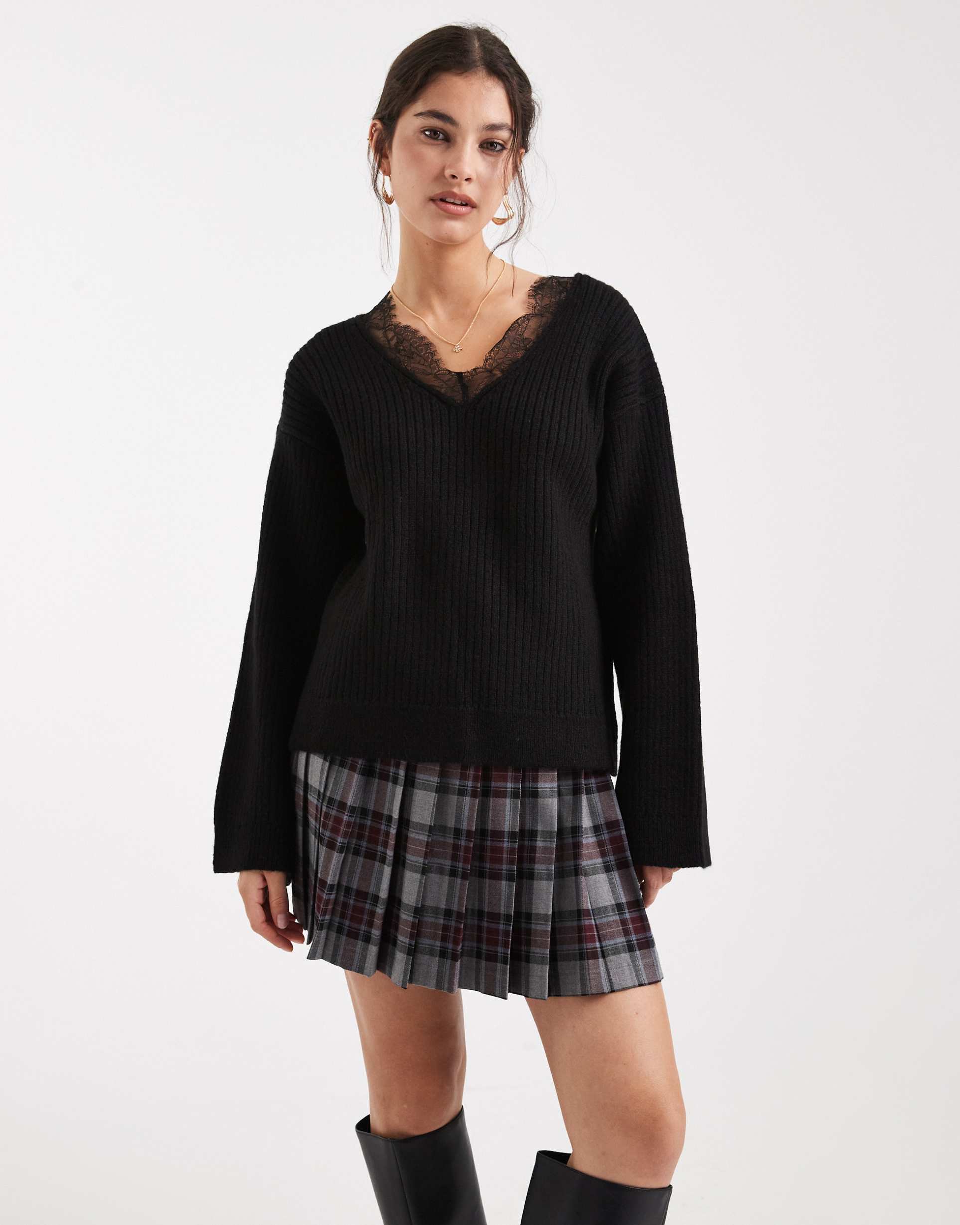 asos design deep v neck knit sweater with lace trim in black