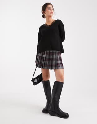 Asos Design Deep V Neck Knit Sweater With Lace Trim In Black
