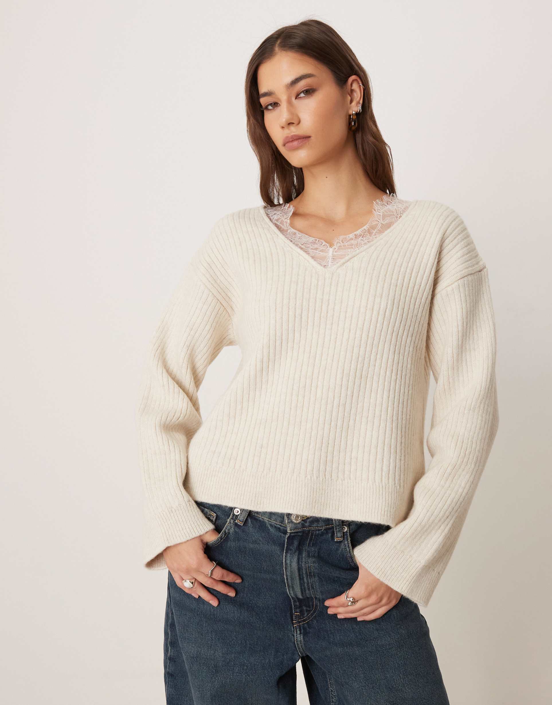 asos design deep v neck knit sweater with lace trim in ecru
