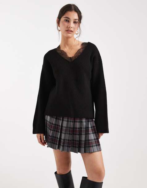 ASOS DESIGN deep v neck knitted jumper with lace trims in black