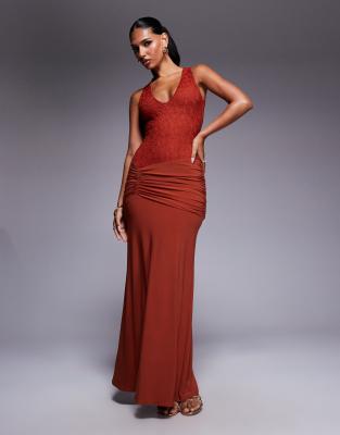 Asos Design Deep V-neck Maxi Dress With Sheer Lace Bodice And Ruched Skirt In Orange