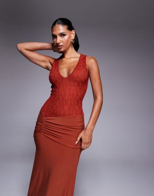 Asos Design Deep V-neck Maxi Dress With Sheer Lace Bodice And Ruched Skirt In Red