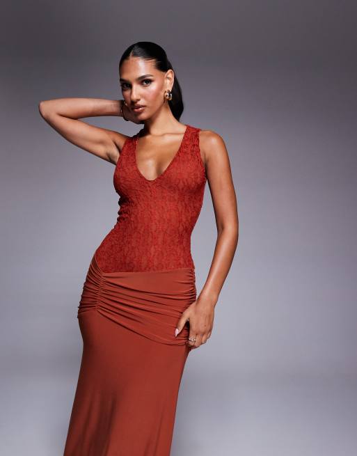 ASOS DESIGN deep v-neck maxi dress with sheer lace bodice and ruched skirt in rust, 2 of 4