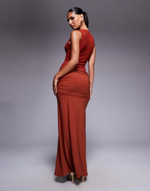 ASOS DESIGN deep v-neck maxi dress with sheer lace bodice and ruched skirt in rust, 4 of 4