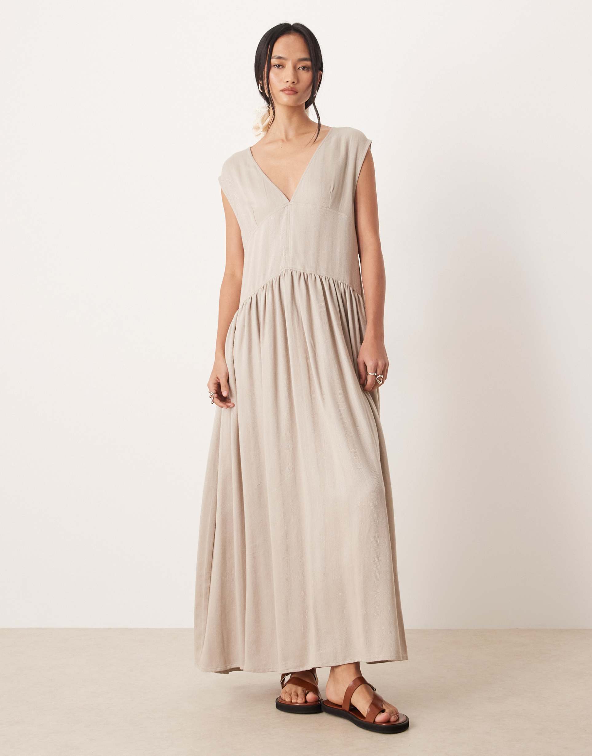 asos design deep v neck oversized maxi dress in stone