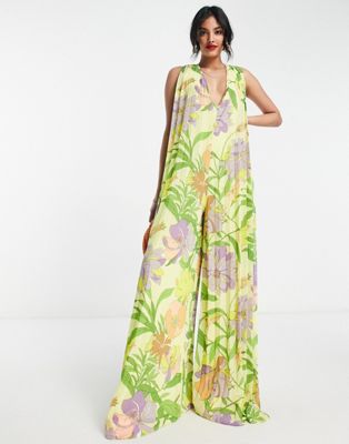 ASOS DESIGN deep v neck pleated maxi jumpsuit in floral print