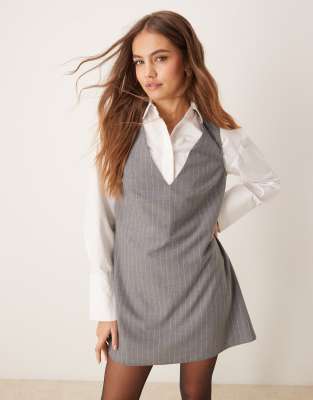 ASOS DESIGN deep v neck tailored shift dress in gray pinstripe | ASOS