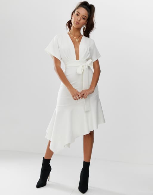 Asos design deep v shop pep hem midi dress