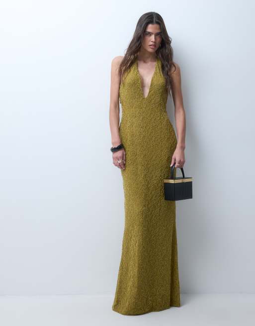 ASOS DESIGN deep V plunge lace maxi dress in olive, 2 of 5