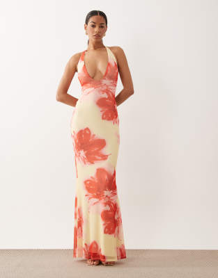 Asos Design Deep V Plunge Mesh Maxi Dress In Multi