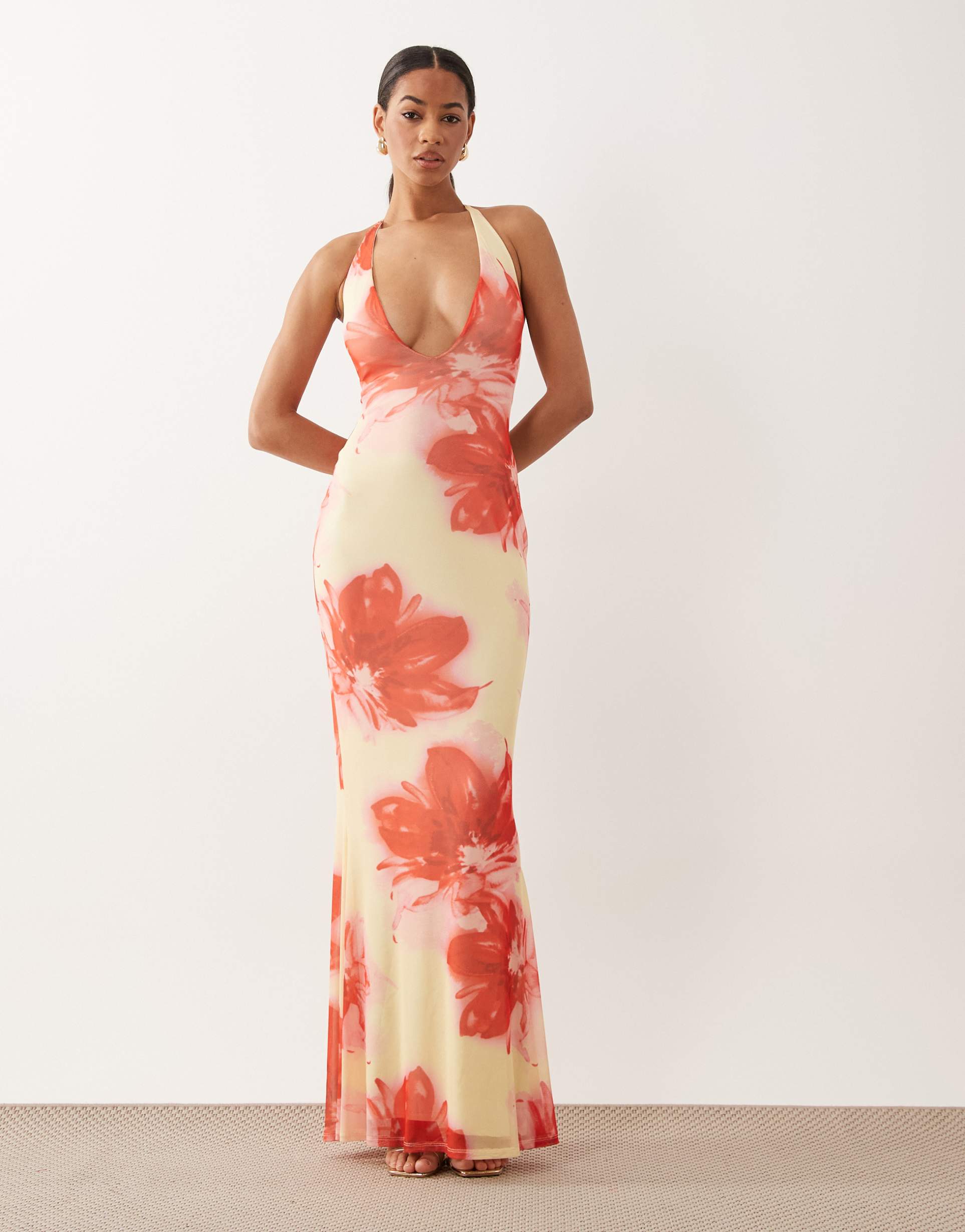 asos design deep v plunge mesh maxi dress in pink floral