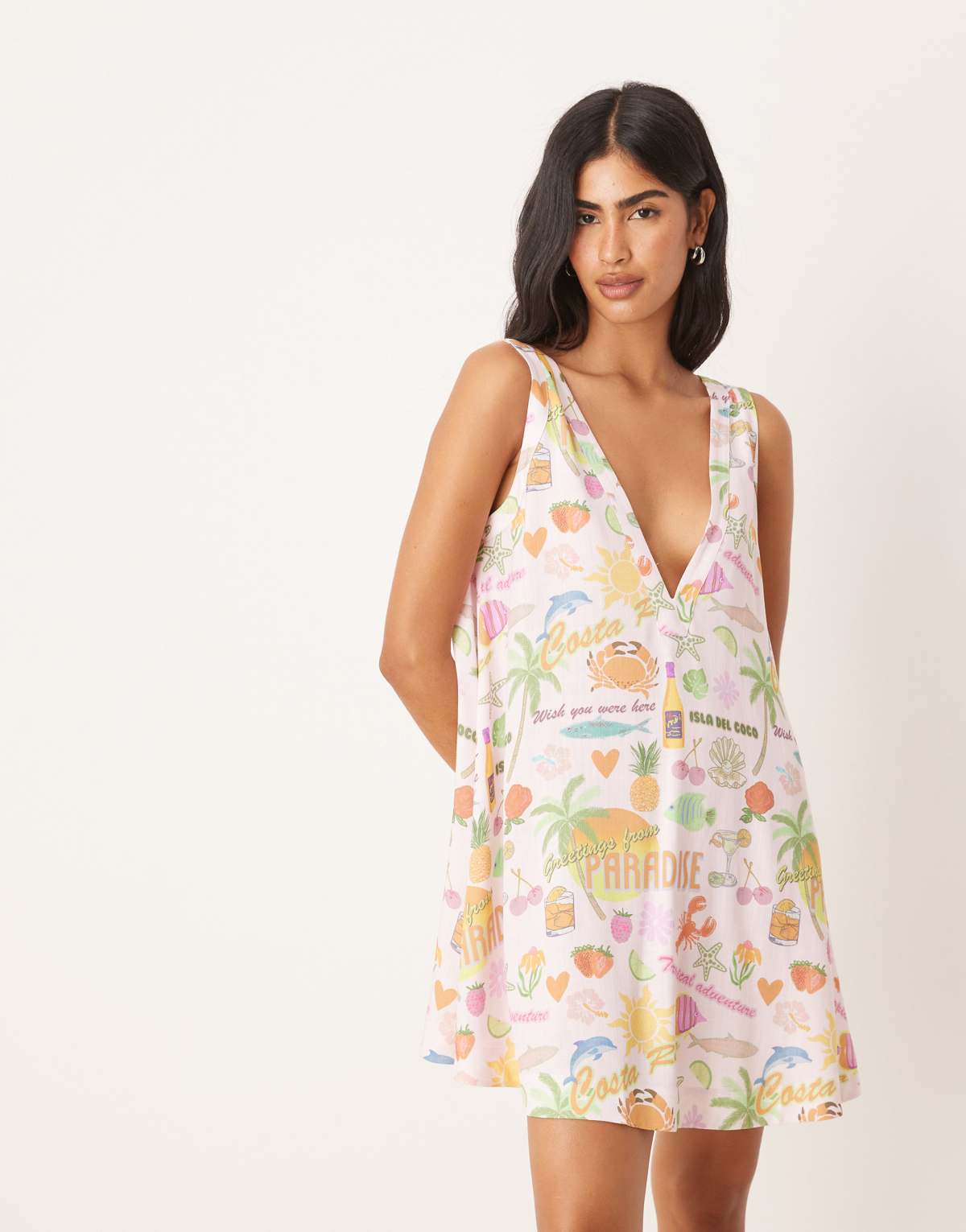 ASOS DESIGN deep v shift dress in tropical print
