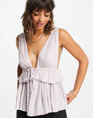 ASOS DESIGN deep v sun top with peplum hem and tie waist in lilac-Purple