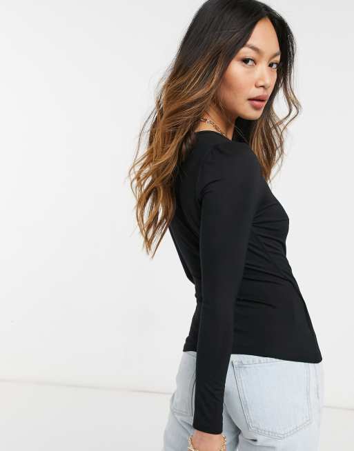 ASOS Top With Wrap Front And Plunge Neckline In Baby Rib in Black