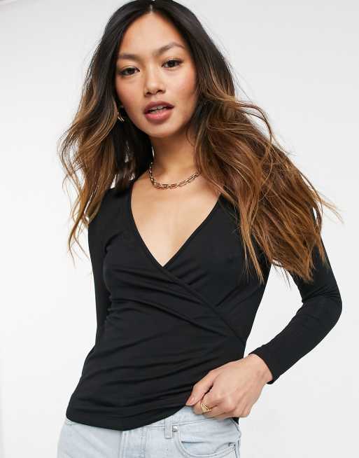 ASOS DESIGN wrap top with short sleeve in black