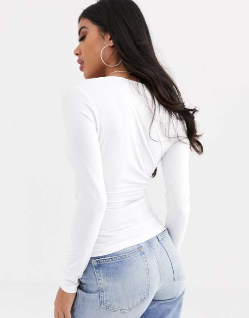 ASOS Crop Top With Long Sleeves And Deep Plunge in White