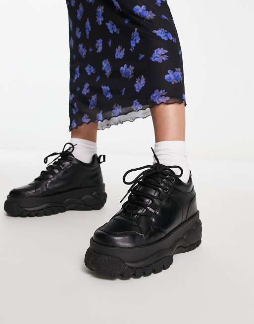 ASOS DESIGN Defy chunky flatform sneakers in black | ASOS