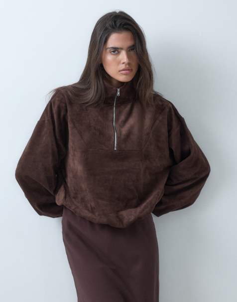 ASOS DESIGN del af sæt jakke i imiteret ruskind med halv lynlås i chokoladebrun - view 1