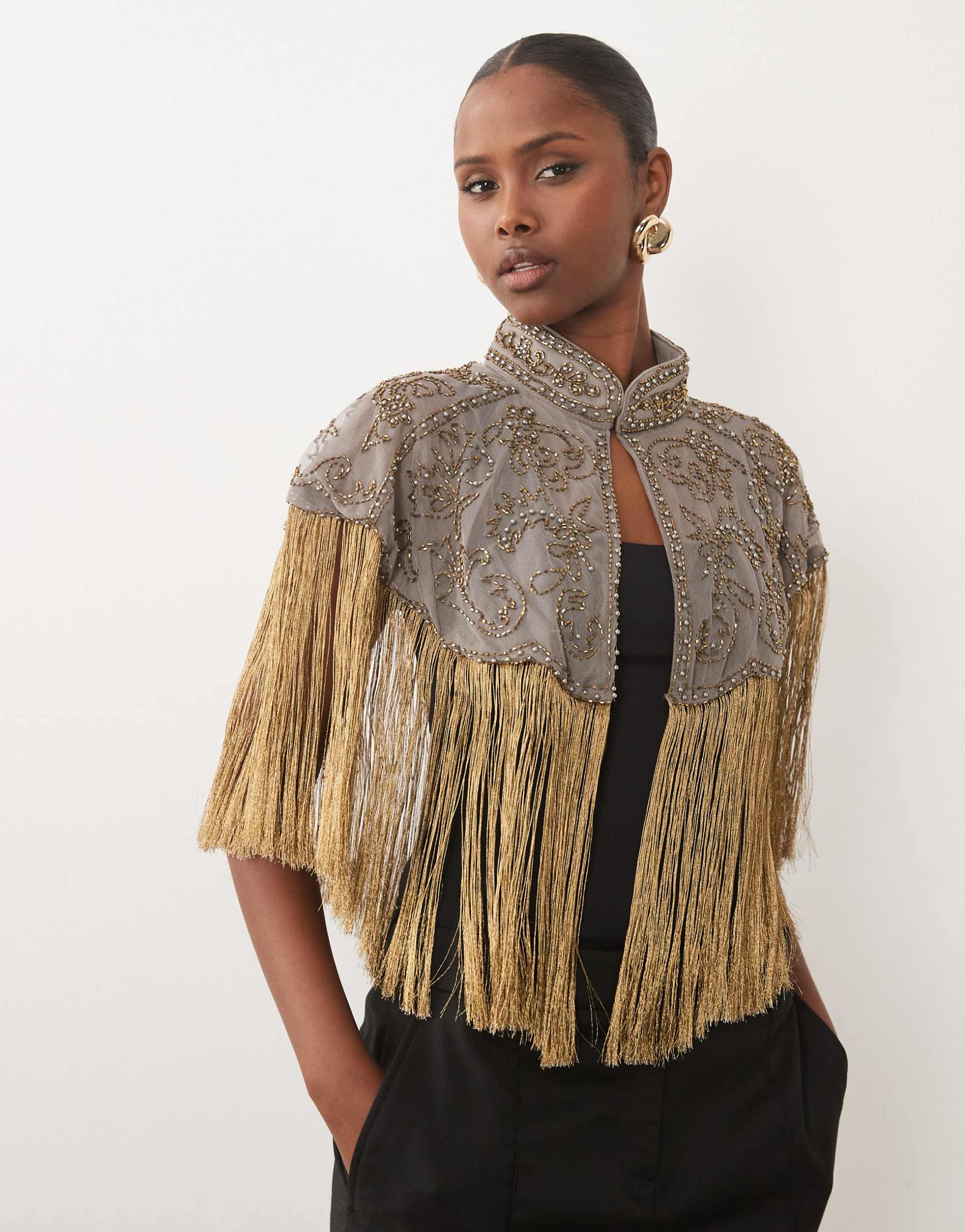 asos design delicate embellished mesh cape with fabric fringe in gold