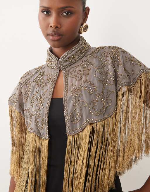 ASOS DESIGN delicate embellished mesh cape with fabric fringing in gold, 3 of 4