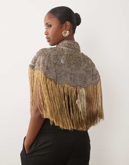 ASOS DESIGN delicate embellished mesh cape with fabric fringing in gold, 4 of 4