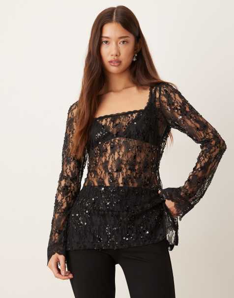 ASOS DESIGN delicate lace embellished square neck long line top in black