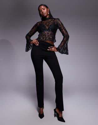 Asos Design Delicate Lace Scatter Sequin Flare Sleeve Top With Cutout Back Detail In Black