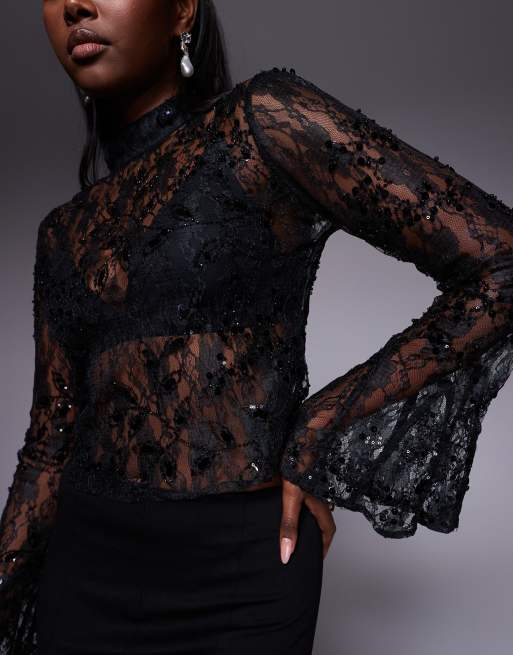 ASOS DESIGN delicate lace scatter sequin flare sleeve top with cutout back detail in black, 3 of 4