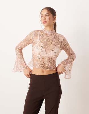 Asos Design Delicate Lace Scatter Sequin Flare Sleeve Top With Cutout Back Detail In Pink
