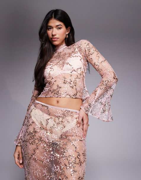 ASOS DESIGN delicate lace scatter sequin flare sleeve top with cutout back detail in pink - view 1