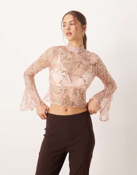 ASOS DESIGN delicate lace scatter sequin flare sleeve top with cutout back detail in pink