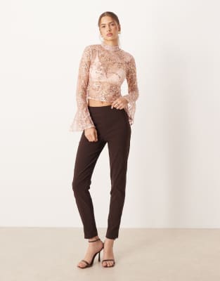 Asos Design Delicate Lace Scatter Sequin Flare Sleeve Top With Cutout Back Detail In Pink