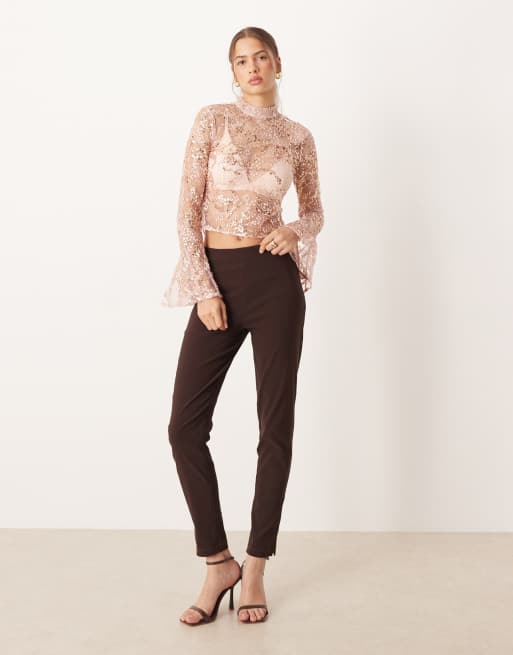 ASOS DESIGN delicate lace scatter sequin flare sleeve top with cutout back detail in pink, 2 of 4
