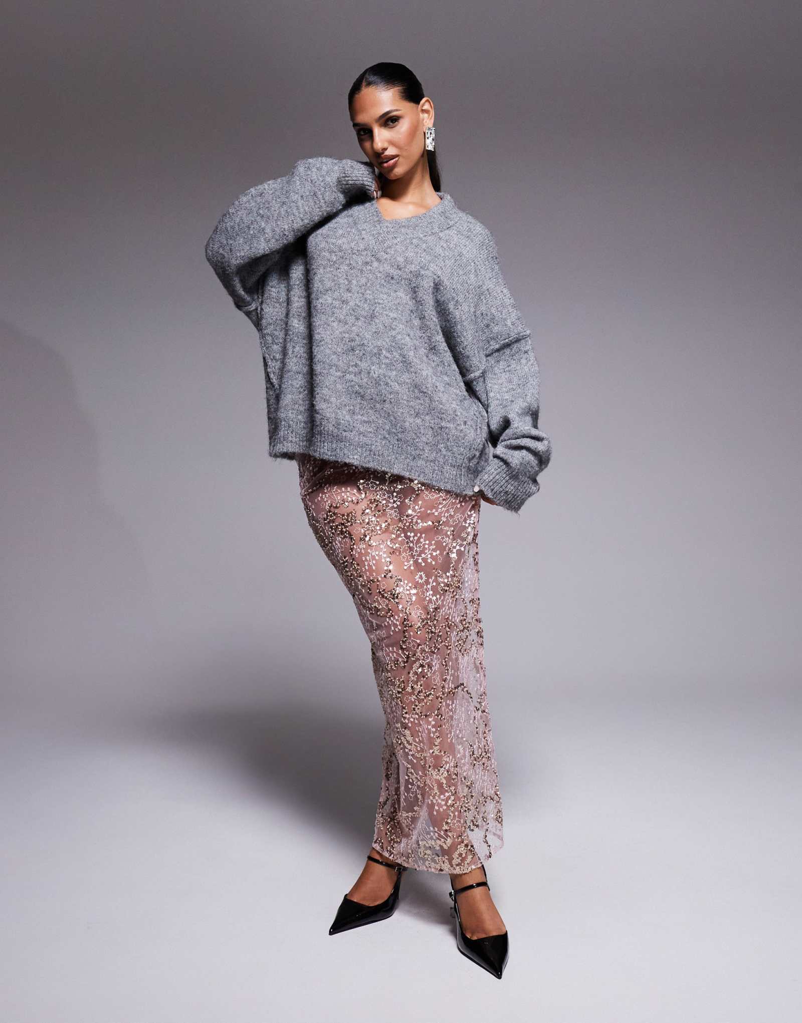 Макси-юбка ASOS DESIGN из нежного кружева с россыпью блесток розового цвета