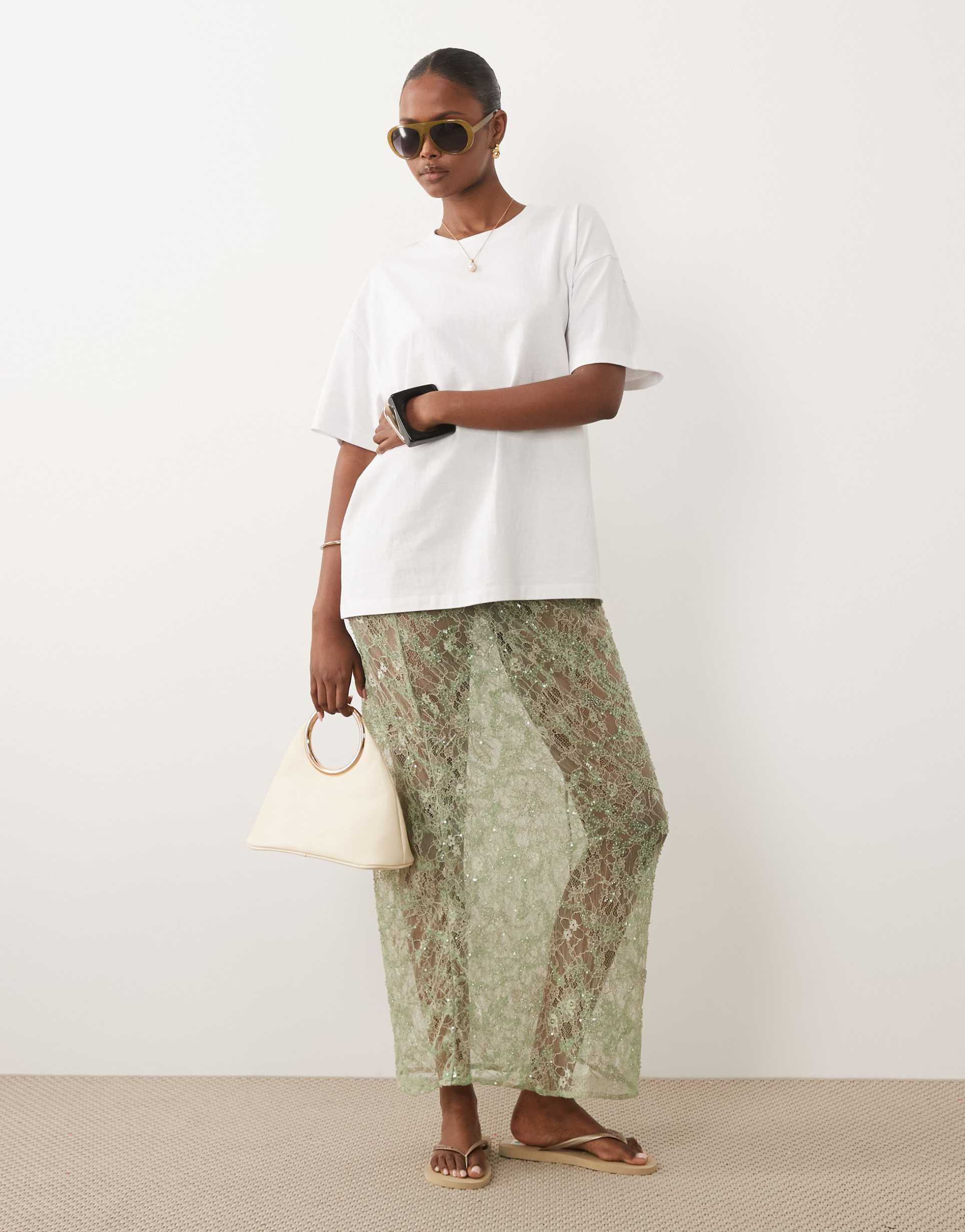 asos design delicate lace sheer sequin maxi skirt in green