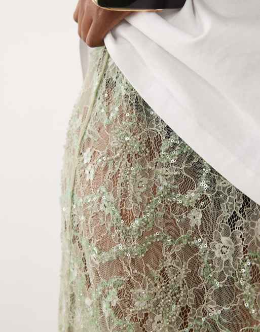ASOS DESIGN delicate lace sheer sequin maxi skirt in green, 2 of 5