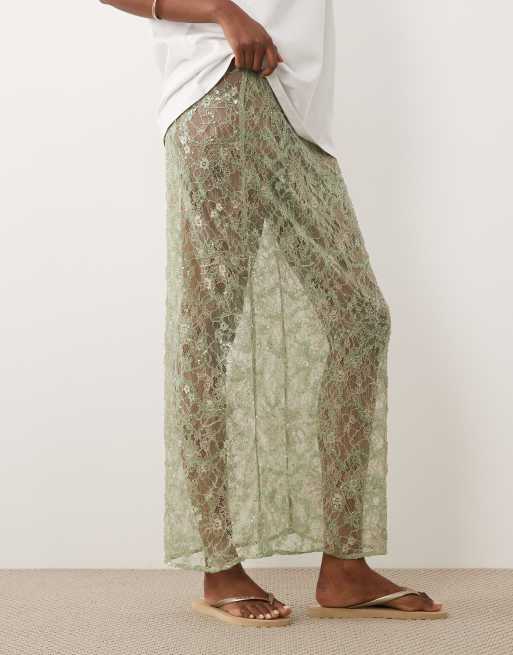 ASOS DESIGN delicate lace sheer sequin maxi skirt in green, 3 of 5