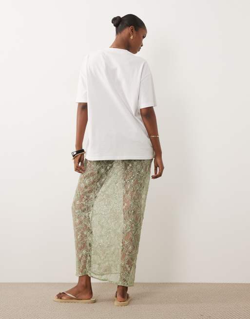 ASOS DESIGN delicate lace sheer sequin maxi skirt in green, 4 of 5