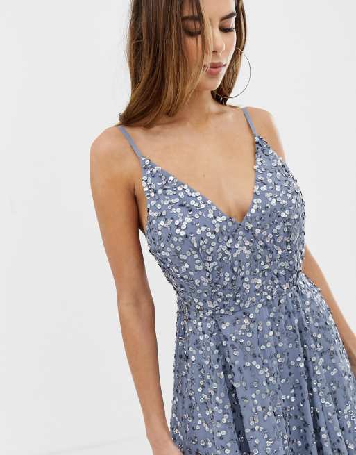 Asos design delicate sequin plunge 2025 mini dress with full skirt