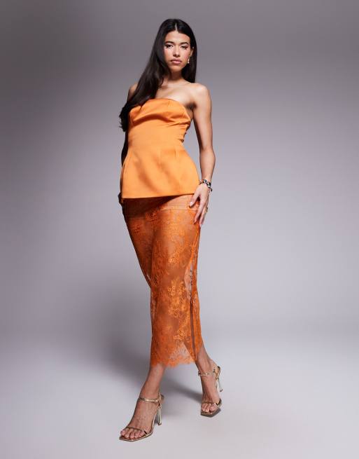 ASOS DESIGN delicate sheer lace maxi skirt in orange - part of a set