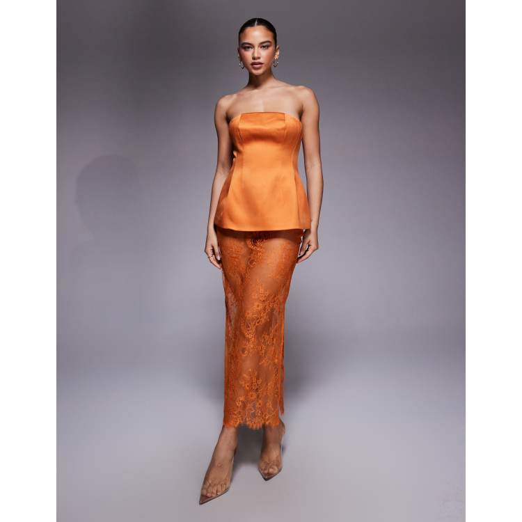 ASOS DESIGN delicate sheer lace midaxi skirt in orange | ASOS