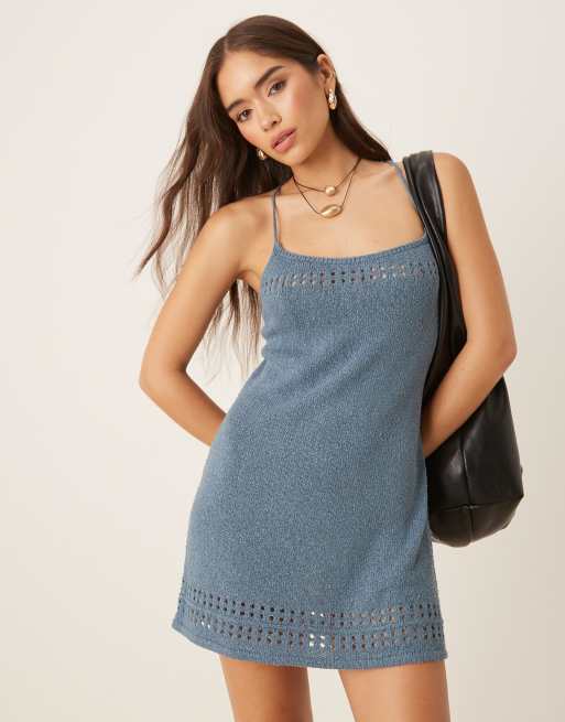 ASOS DESIGN demi halter mini dress with cutwork detail in blue, 2 of 4