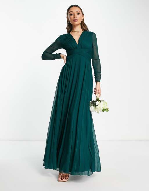 ASOS DESIGN Demoiselle d honneur Robe longue a manches longues avec taille froncee et jupe plissee Vert fonce